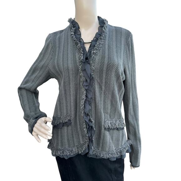 Dana Buchman Women Knitted Brown Herringbone Ruffled Fringed Cardigan Sweater M - Picture 1 of 8